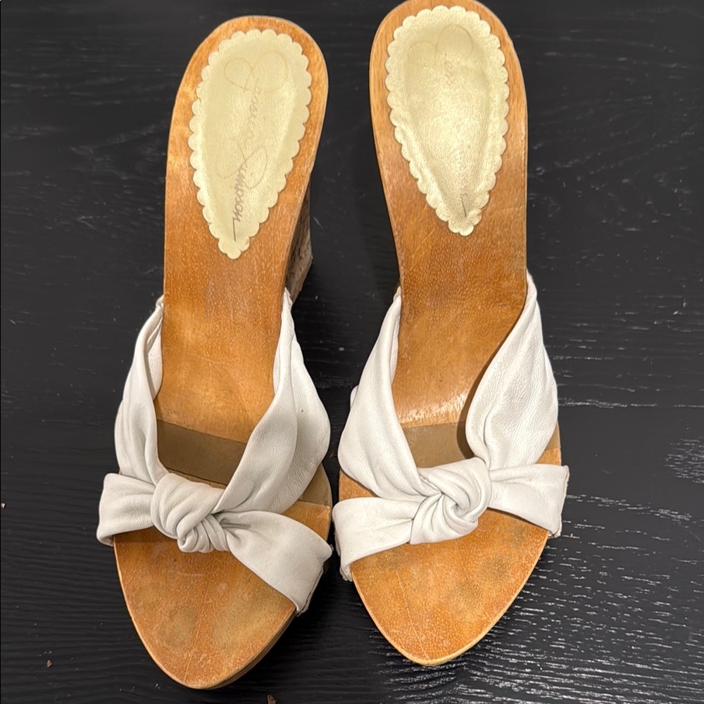 Jessica Simpson White and Tan Wedge Sandals